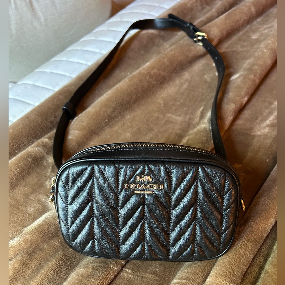 Coach Black & Gold Quilted Belt Bag with Chevron Pattern